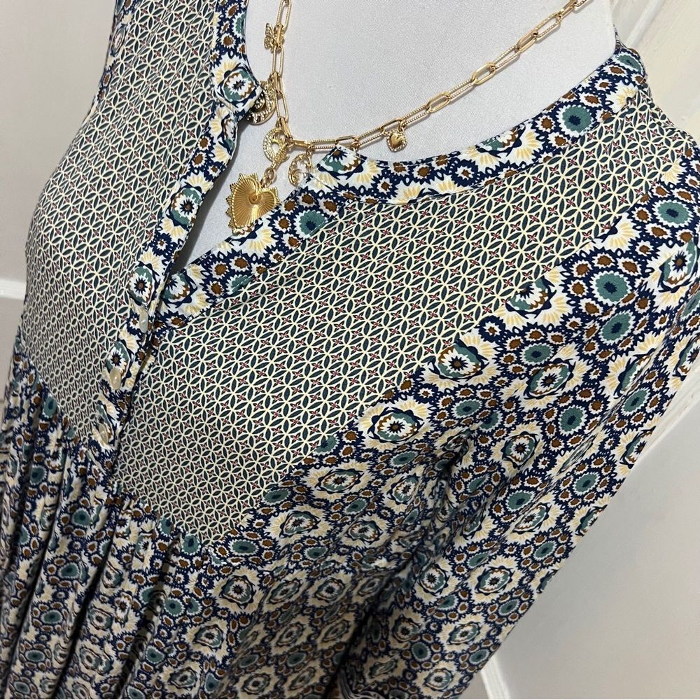 Easel Women S Tunic Blue and Earthtone 3/4 Sleeve Ruffle Boho